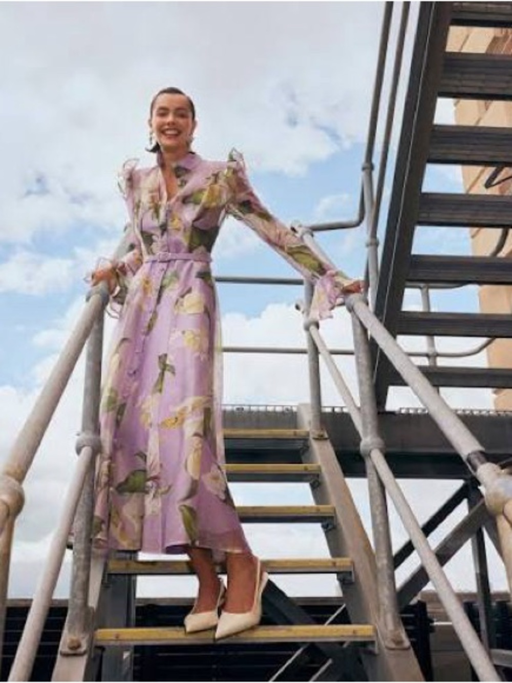 Leo Lin Katrina Butterfly Sleeve Midi Dress Bouquet Print in Pastel Pink